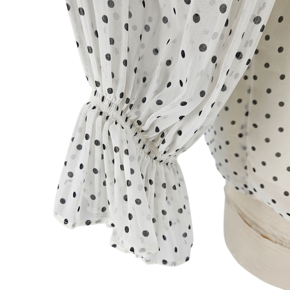 Talbots Blouse Off White Polka Dot Gathered Long Sleeve Keyhole Top Petite PL - Picture 6 of 9